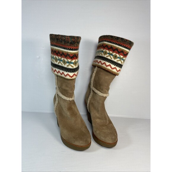Steve Madden Tan Brown Suede Boots Mid-Calf Sz  6 M Lined Shearling Knit Cuff - Picture 1 of 16